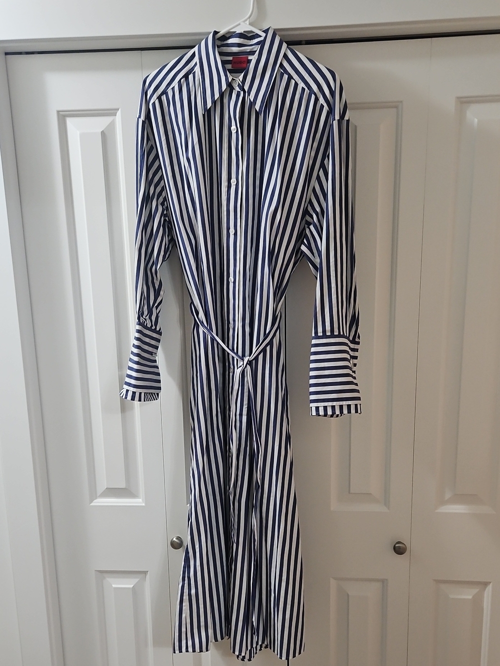 HUGO Navy and White Long Sleeve Striped Shirt Dress